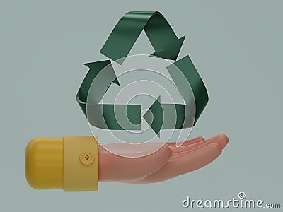 3D render green Recycle on hand icon isolated on light green background. Minimal recycle symbol. Shiny recycling symbol. Rotation Cartoon Illustration
