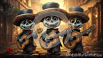 3d render of a group of sugar skull playing guitar and singing in the city Stock Photo