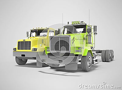 3d render group yellow and green dump truck isolated on gray background with shadow Stock Photo