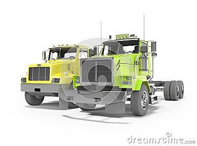 3d render group yellow and green dump truck isolated on white background with shadow Stock Photo