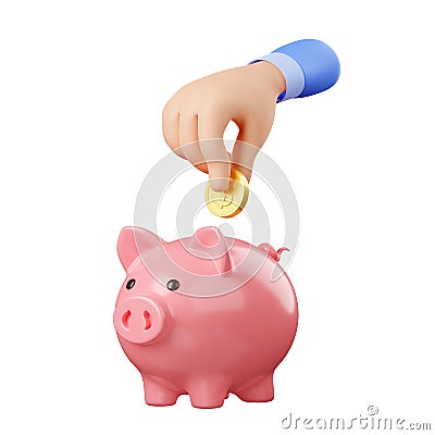 3d render hand put golden coin into piggy bank Stock Photo