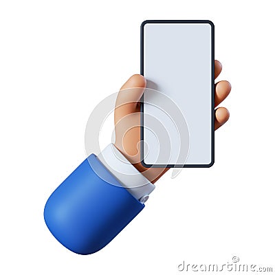 3d render. Hand with smart phone icon. Cartoon character holds mobile gadget with blank touch screen. Business clip art isolated Stock Photo