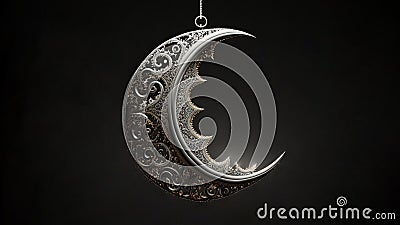 Hanging Exquisite Shiny Carved Moon Black Background. Islamic Religious Concept Stock Photo