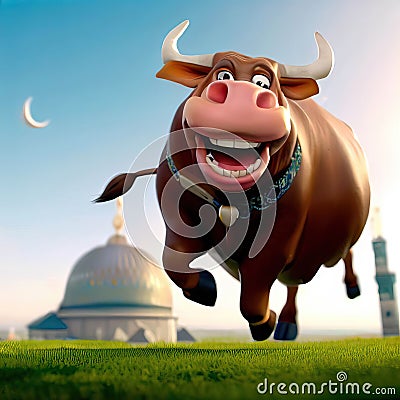 3D Render of A Happy Buffalo Celebrating Eid Al Adha Feast Stock Photo