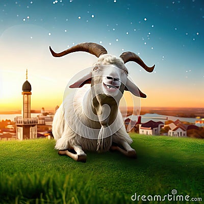 3D Render of A Happy Goat Celebrating Eid Al Adha Feast Stock Photo