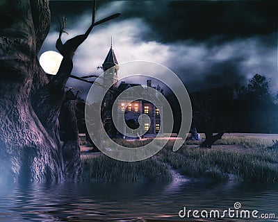 Haunted House Background with lake Stock Photo