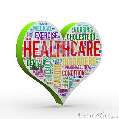 3d render of heart shape healthcare wordcloud tag Cartoon Illustration