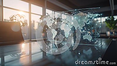 holographic world map on the desk of a business office Stock Photo