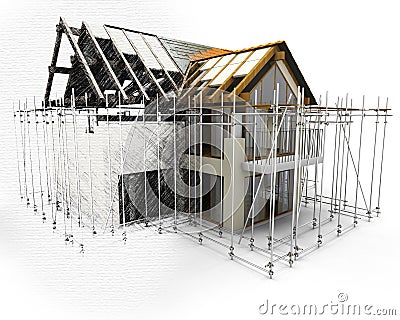 3D render of a house with scaffolding with half in sketch phase Stock Photo