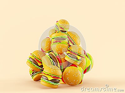 3d render huge stack of fast food meal hamburgers or burgers isolated on background. Junk food, problem of unhealthy Cartoon Illustration