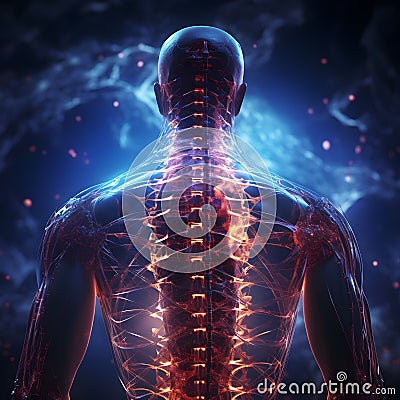 3D render of a human body with a spine and nerve x-ray section, Generative AI Stock Photo