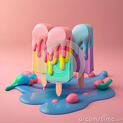 3d render of ice cream popsicles with splashes of blue and pink paint. Stock Photo