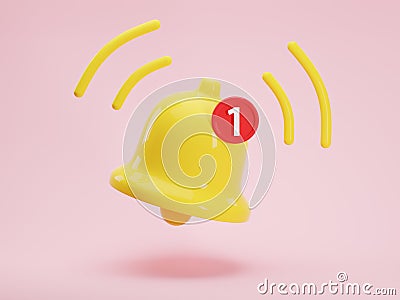 3d render icon of glossy yellow notification bell with one new message isolated on pink background. Social media notice Cartoon Illustration