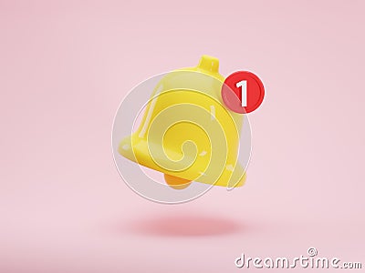 3d render icon of glossy yellow notification bell with one new message isolated on pink background. Social media notice Cartoon Illustration