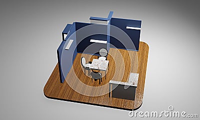 3d render Illustrated unique creative exhibition stand display design with table and chair, info board Vector Illustration