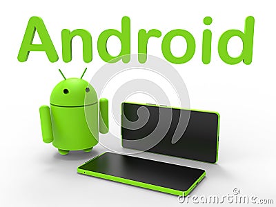 3D rendering - Android robot with two green smartphones Cartoon Illustration