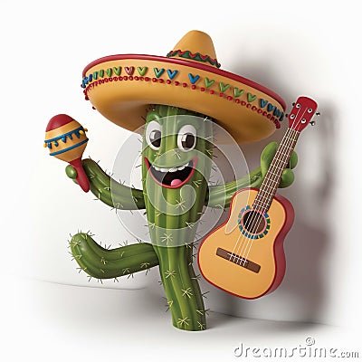3D render illustration of Cinco de Mayo showcasing a cartoon cactus wearing Cartoon Illustration