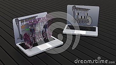 3D rendering - computer aided design of an inline engine Cartoon Illustration