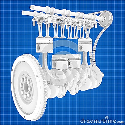 3D rendering - detailed in line engine blue print Cartoon Illustration