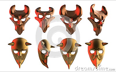 3d render illustration of golden metal demonic masks Cartoon Illustration