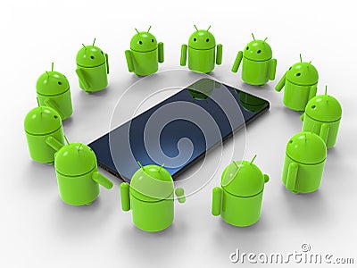Android operating system robots arranged around a large screen smartphones Cartoon Illustration