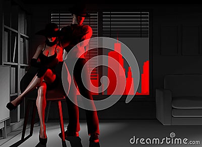 3d render illustration of mysterious lady in dress and hat sitting on chair with male detective in dark room background Cartoon Illustration