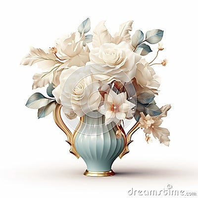 3d Render Illustration Of Ornate Baroque Style White Roses In Blue Vase Stock Photo