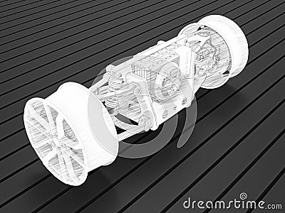 3D rendering - outlined hand drawn car front wheel suspension system Cartoon Illustration