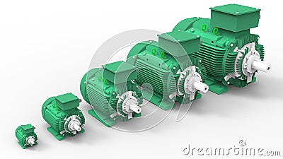 3D rendering - set of industrial electric motors Cartoon Illustration