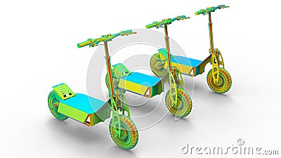 3D rendering - rainbow colored electric scooters Cartoon Illustration