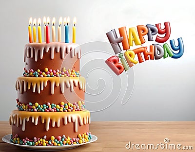 3d render illustration of a three-tiered cake with candles on a wooden table. Cartoon Illustration