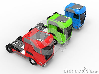 3D rendering - RGB Trucks arranged in a line Cartoon Illustration