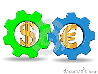 3D Render illustration of two gear wheels system with dollar and euro signs, stock photo Cartoon Illustration