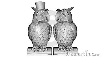 3D rendering - two grey owl statuettes Cartoon Illustration