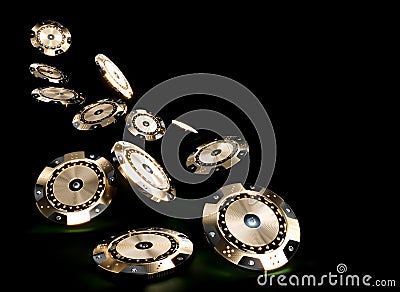 3d render image of casino chips in black and gold with diamond inserts on a dark background Stock Photo