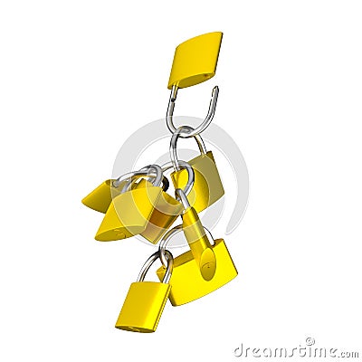 3D render image of hanging golden padlocks on the white Stock Photo