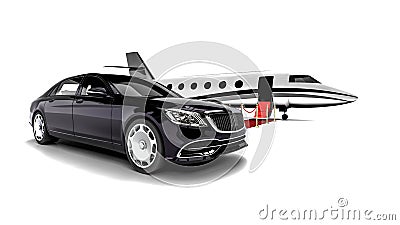 3D render image of a limousine and a private jet Stock Photo