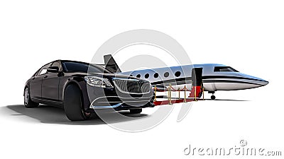 3D render image of a limousine and a private jet Stock Photo