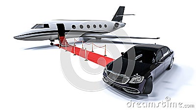 3D render image of a limousine and a private jet Stock Photo