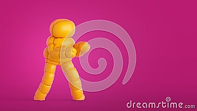 3d render, inflatable cartoon character boxing or fighting. Funny mascot isolated on pink background, active pose Stock Photo