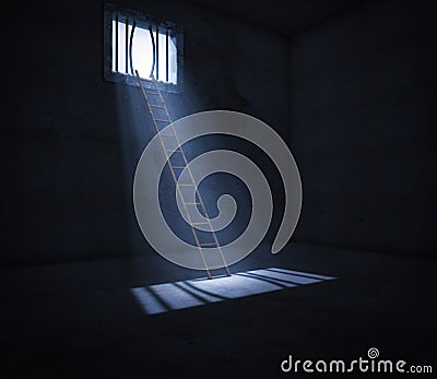 3d render inside of a prison cell with ladder leading to a window Stock Photo