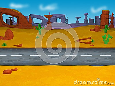 Cartoon road going left to right across a desert background - 3D Illustration Stock Photo