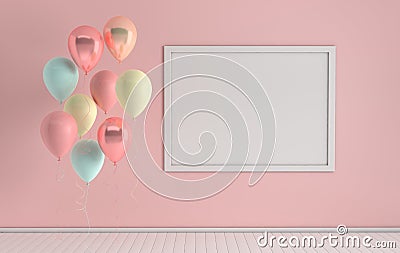 3d render interior with realistic pastel pink, white and green balloons, mock up poster in the room. Empty space for party, Stock Photo