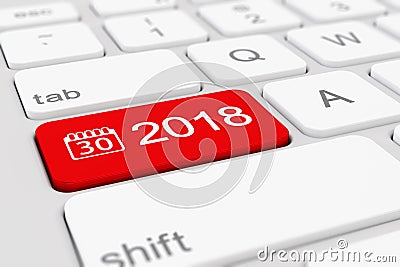 3d render - keyboard with red button - 2018 and calendar symbol. Stock Photo