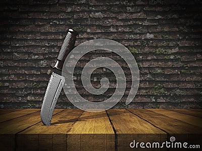 3D knife stuck in wooden table against grunge brick wall Stock Photo