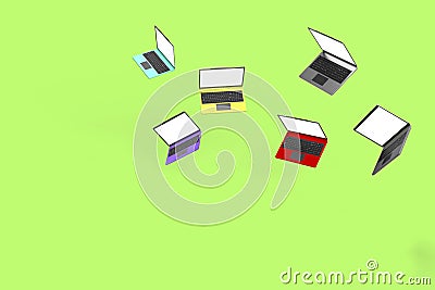 3d render of laptops of bright matte color bodies falling and flying in air tilted in various directions. electronics technology Stock Photo