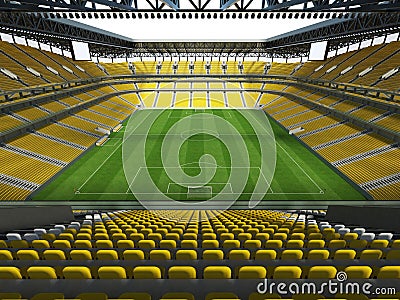 3D render of a large capacity soccer - football Stadium with an open roof and yellow seats Stock Photo