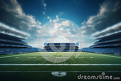 3D render of a large football stadium with green grass and VIP boxes Stock Photo