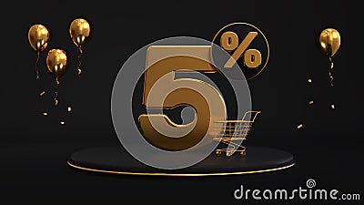 3d render large golden inscription 5 percent on a golden podium, stage. Stock Photo