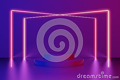 3d render, laser show, night club interior lights, glowing lines, abstract fluorescent background. 3d rendering Stock Photo